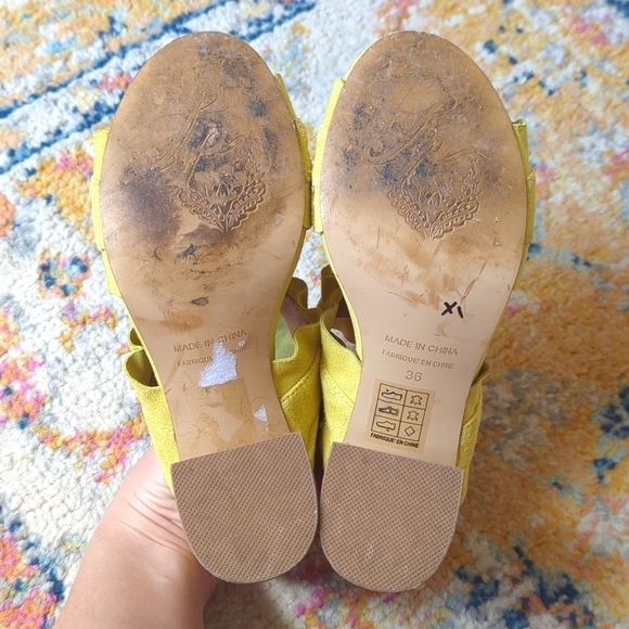 Free People Rosie Ruffled Suede Leather Open Toe Heeled Sandals Chartreuse 36 - Picture 14 of 16